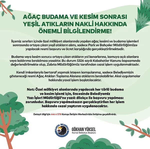 Kartal Belediyesi’nden Ağaç Budama ve Kesim Sonrası Yeşil Atıklarla İlgili Önemli Uyarı
